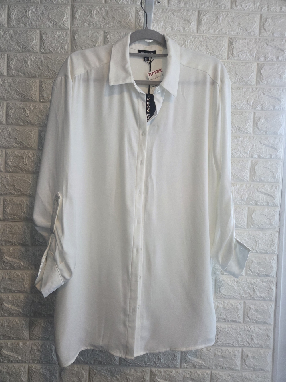 NWT White Long-Sleeve Button Front Blouse with Side Slits and Roll Tab Sleeves